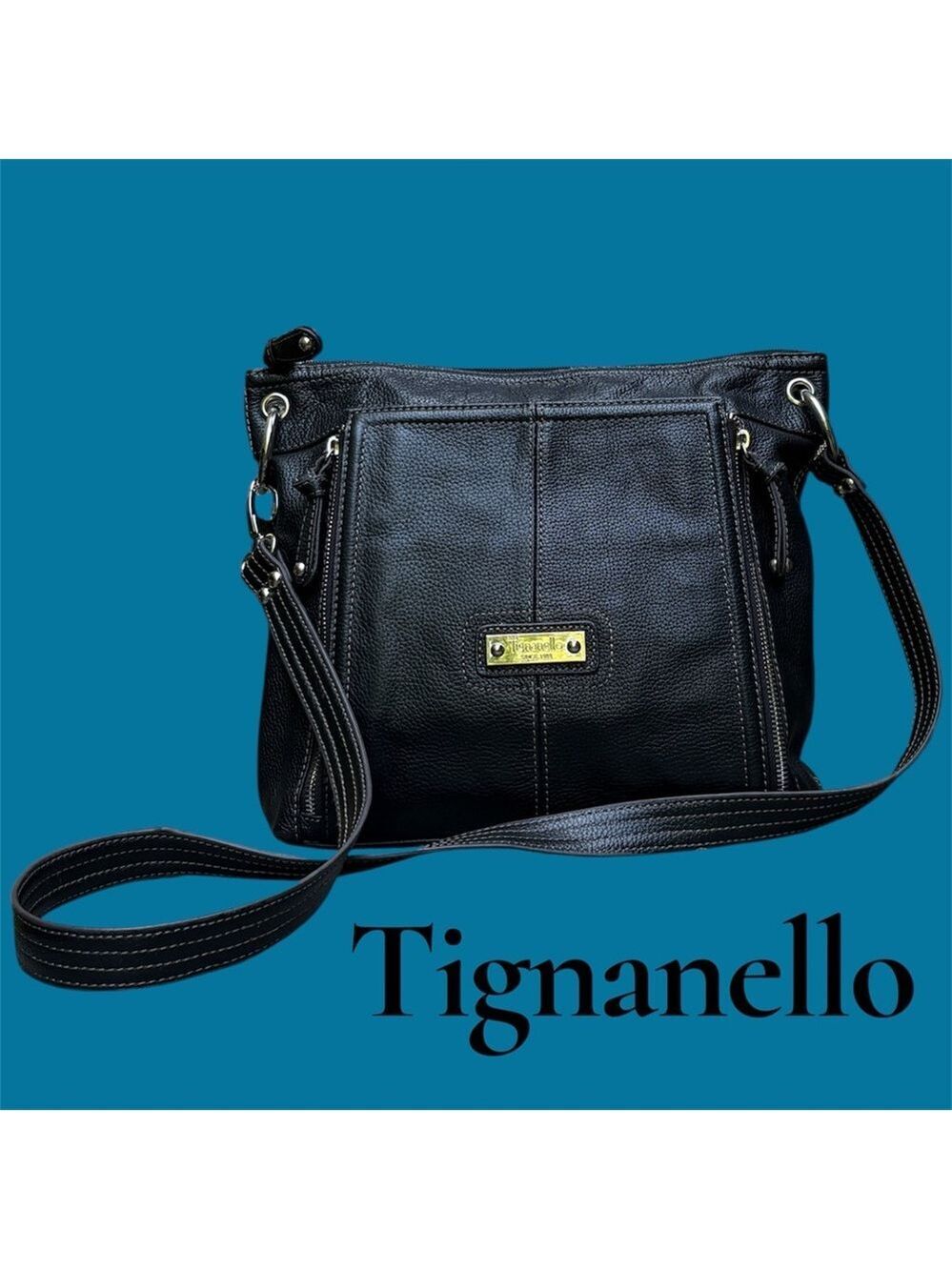 Tignanello Black Pebbled Leather Crossbody. 3 compartments. Excellent condition!